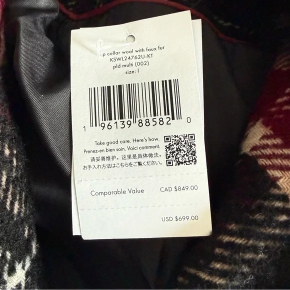 NWT Kate Spade Top Collar Fur Plaid Wool Coat - Picture 6 of 7